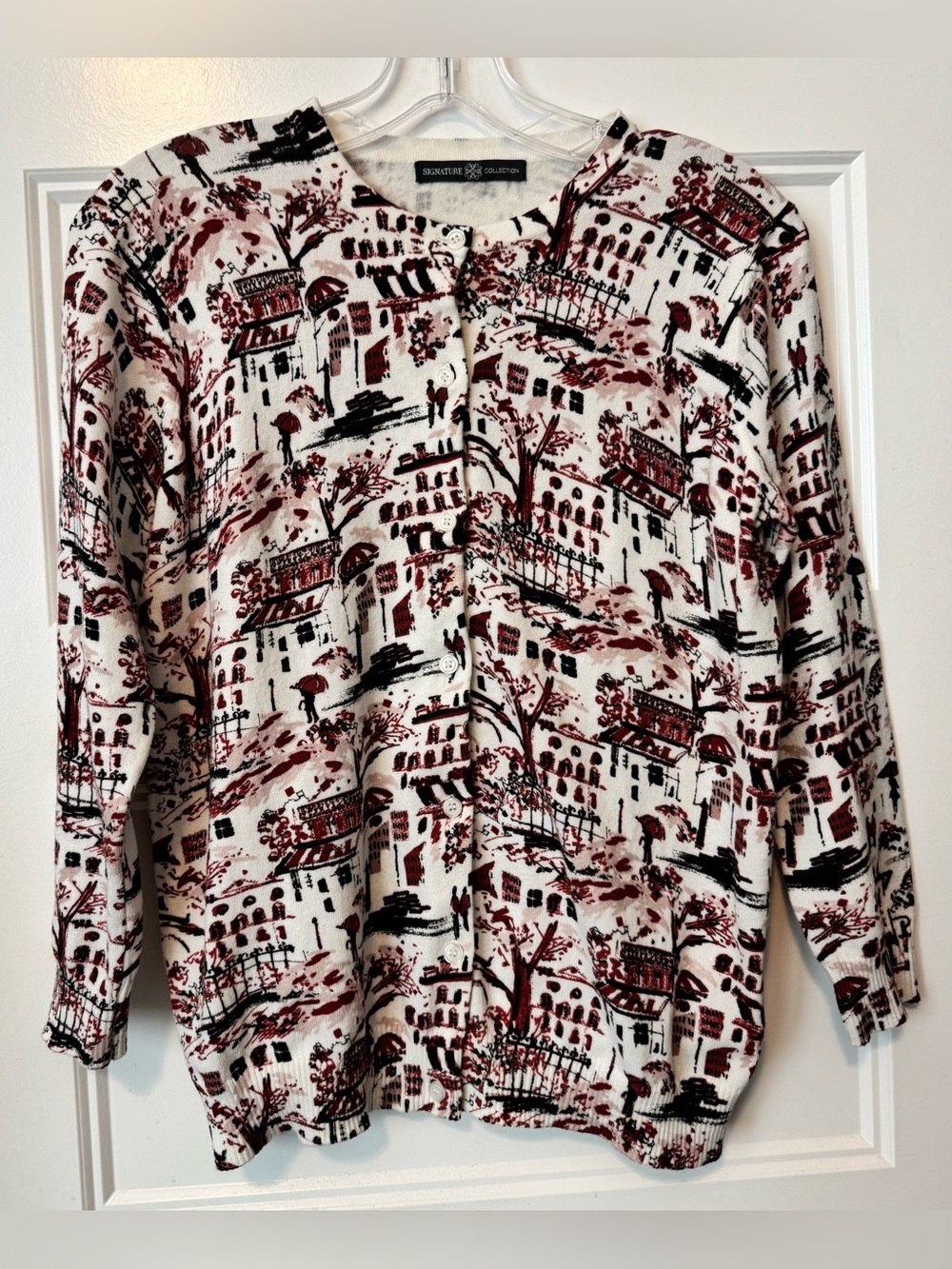 Signature Collection Paris Scenic Print Cardigan Sweater Ivory Burgundy Size L